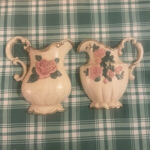 Vintage Burwood HomCo 6" Pitchers with Pink Roses Wall Plaques set of 2